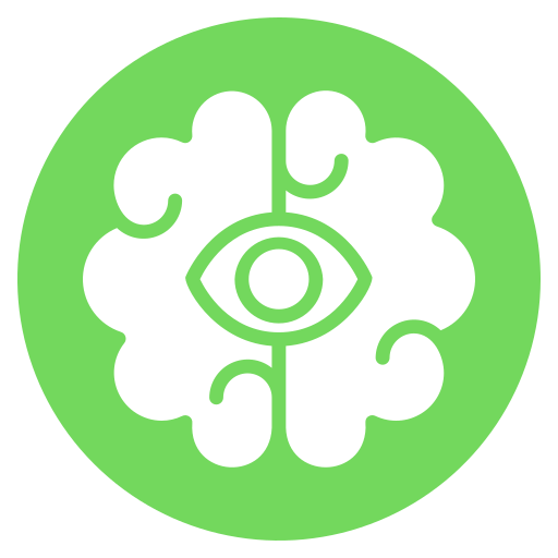 Black stylized brain with an eye in the center on a green circular background.