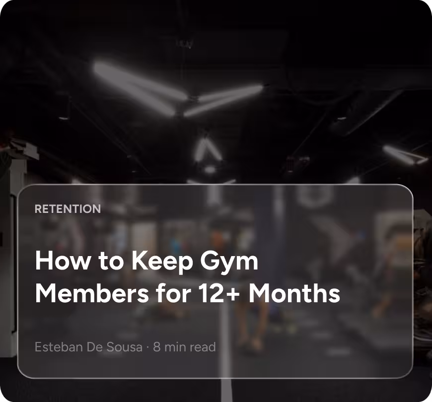 Indoor gym with people working out and overlay text on retention and how to keep gym members for 12+ months.