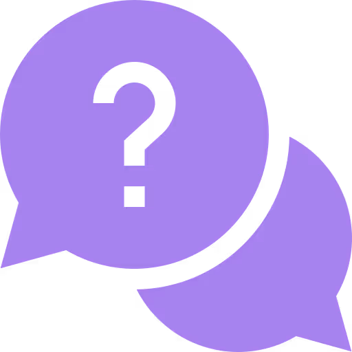 Two overlapping purple speech bubbles, one containing a question mark.
