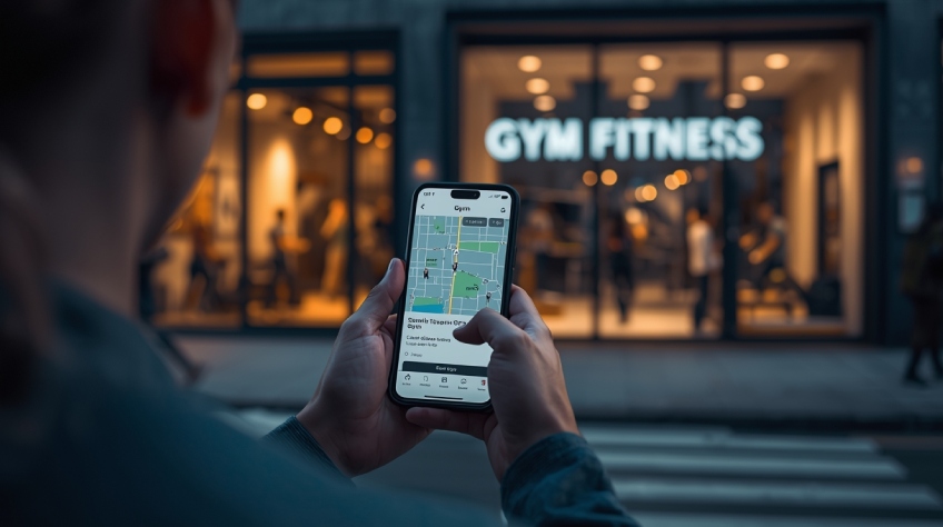 Gym app concept showing gym member holding phone in front of an independent gym facility