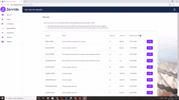 Visualisation des salariés inscrits et de leurs contrats
