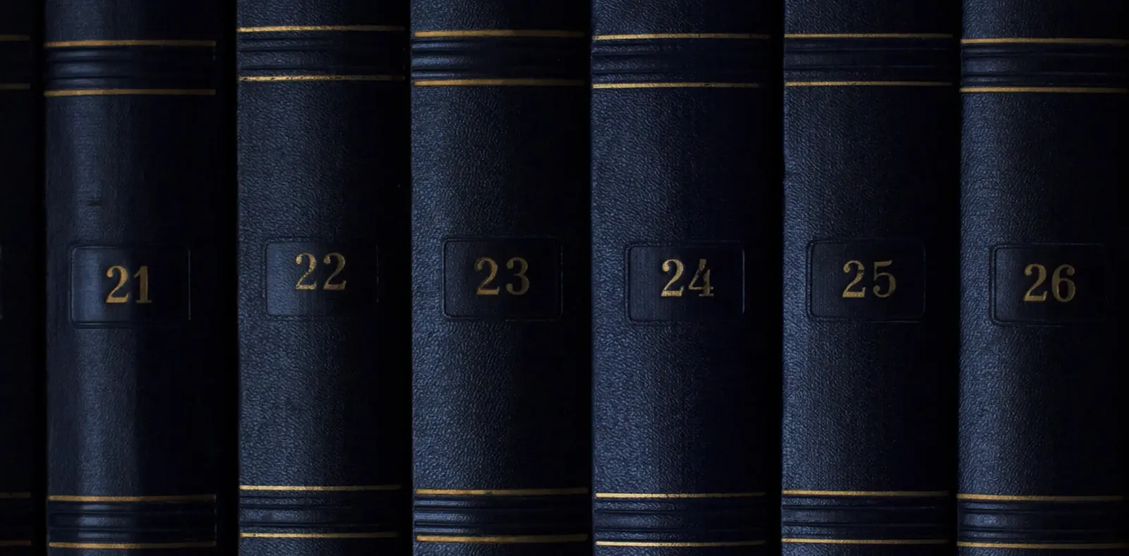 Close-up of six black leather-bound books numbered 21 to 26 in gold on their spines.