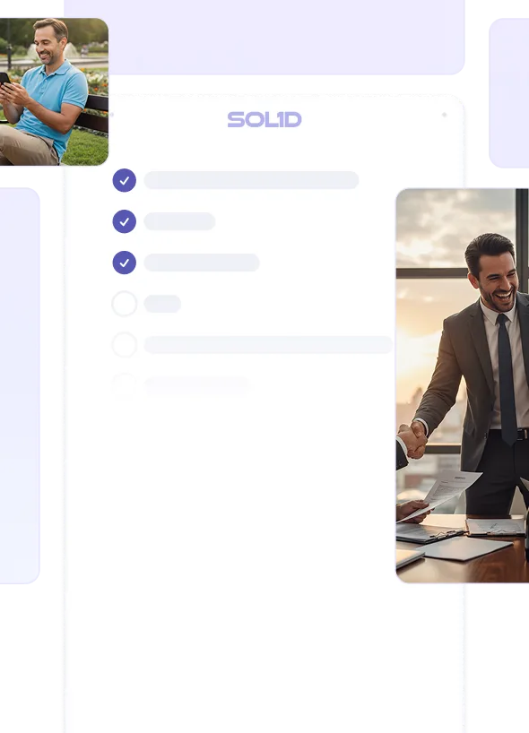 User interface showing a checklist labeled SOL1D with three items checked and two unchecked, flanked by images of a man sitting on a bench looking at a phone and a man in a suit smiling and shaking hands in an office.