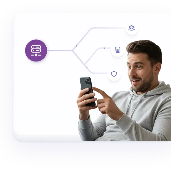 Excited man in gray hoodie looking at smartphone with a branching network diagram featuring icons for users, database, and security.