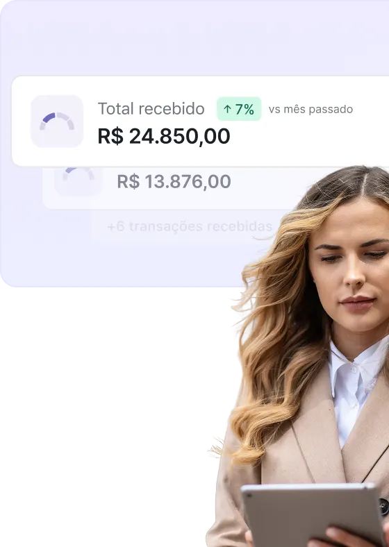 Young woman with long blonde hair wearing a beige coat and white shirt looking at a tablet with a financial summary showing total received of R$ 24,850.00 and a 7% increase from last month in the background.