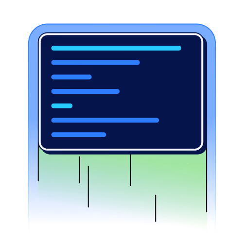 Illustration of a computer screen with lines of code on a blue and green background.