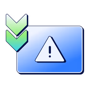 Blue rectangular warning sign with an exclamation mark inside a triangle and two green downward arrows to the left.