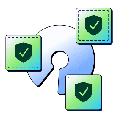 Blue open-source emblem surrounded by three green shield icons with check marks, symbolizing security and verification.