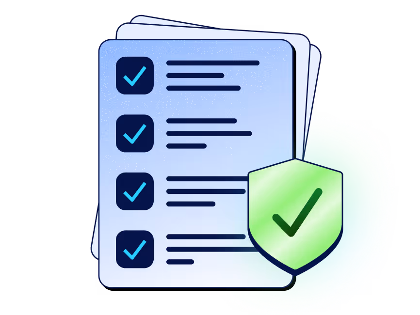 Stack of documents with blue check marks and a green shield with a check mark indicating compliance or approval.