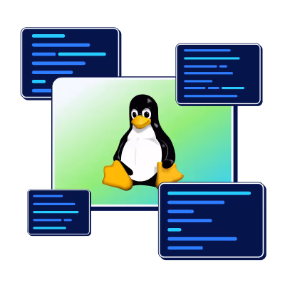 Linux Tux penguin mascot in the center surrounded by four dark code editor windows with blue and cyan text.