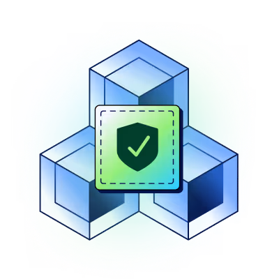 Three translucent blue cubes connected with a green shield featuring a checkmark symbol overlay, representing secure blockchain or data safety.