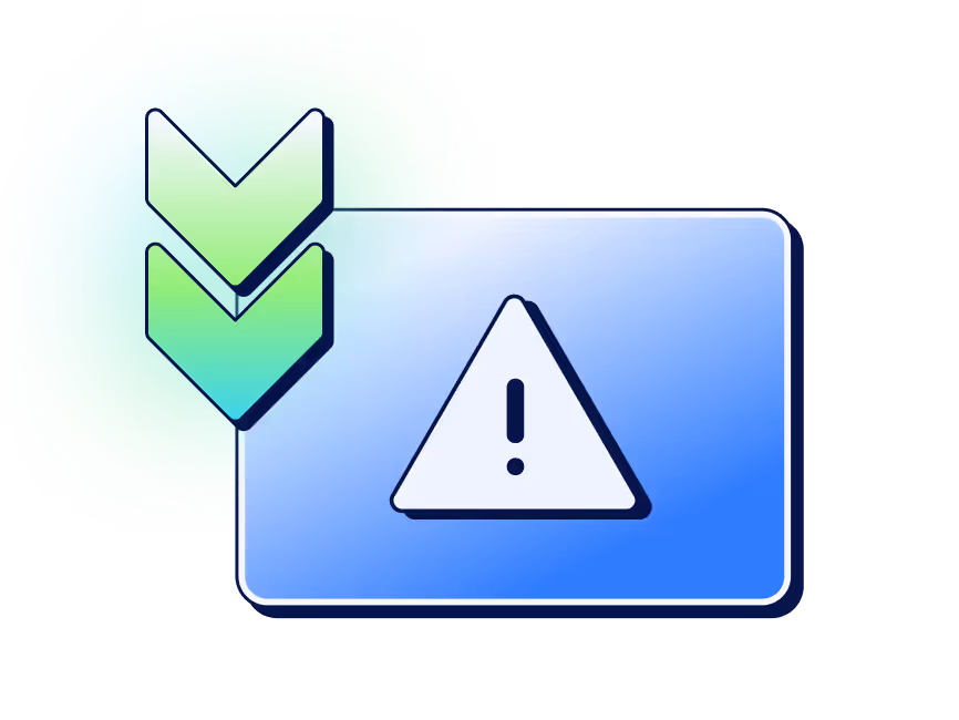 Blue rectangular dialog box with a white warning triangle containing an exclamation mark and two green downward arrows on the left.