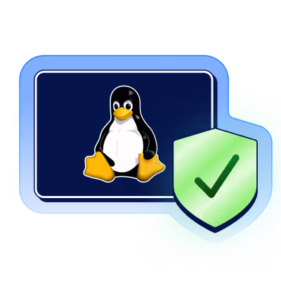 Computer screen displaying the Linux Tux penguin logo with a green shield and checkmark symbolizing security.