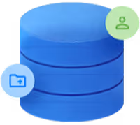 Blue stacked database icons with user and folder symbols.