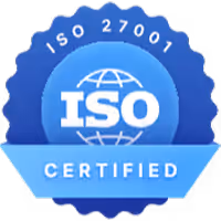 Blue circular badge with globe icon and text 'ISO 27001 Certified'.