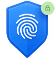 Blue shield icon with a white fingerprint symbol and a small green lock symbol on the top right.
