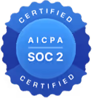 Blue circular AICPA SOC 2 certified seal with scalloped edges.
