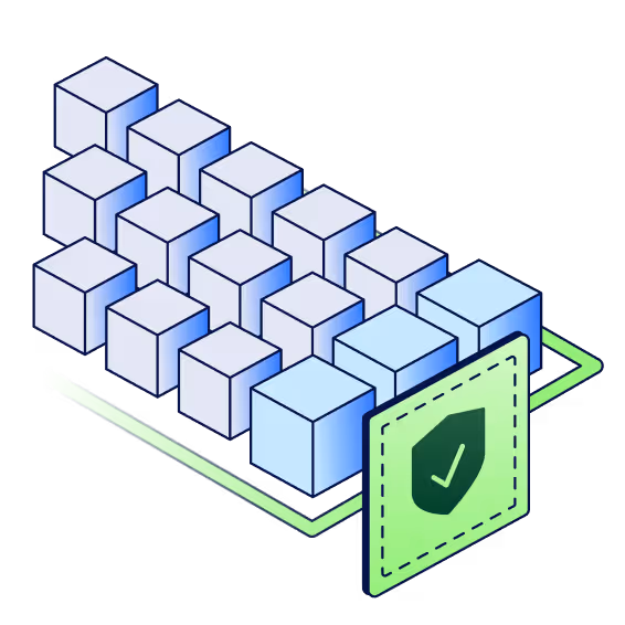 3D illustration of a layered blockchain structure with a shield icon and checkmark indicating security.