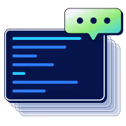 Stack of digital code screens with a green speech bubble containing three dots above.