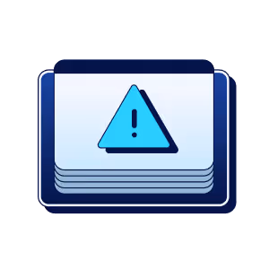 Blue warning triangle with exclamation mark on layered rectangular cards with dark background.