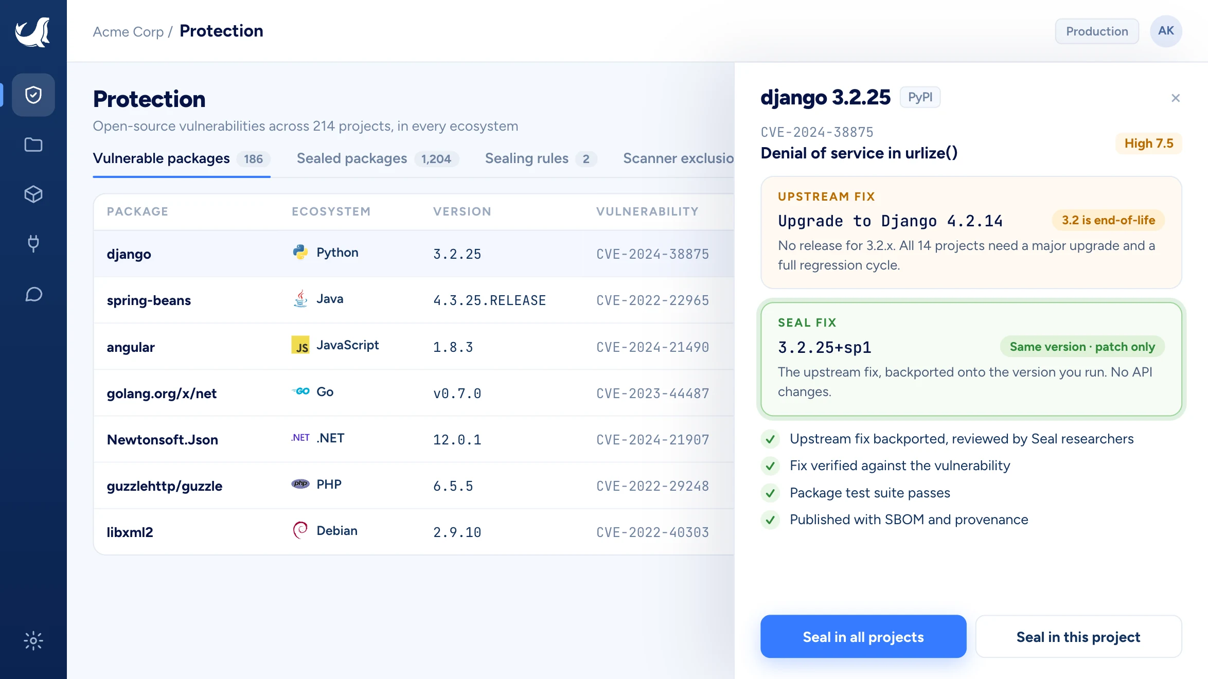 Seal Security platform: vulnerable packages across Python, Java, JavaScript, Go, .NET, PHP and Debian, with django 3.2.25 open. The upstream fix is a major upgrade to Django 4.2; the Seal fix is 3.2.25+sp1, the same version with only the security patch.