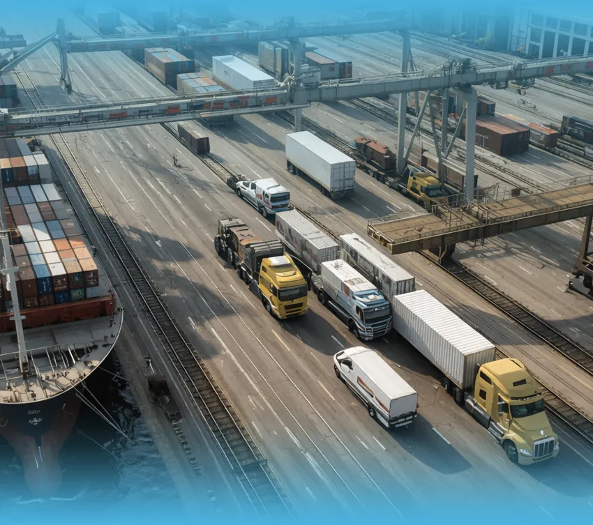 Intermodal trucks and containers at a port terminal with rail and drayage operations
