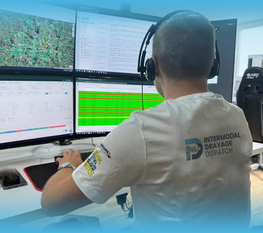 Intermodal dispatcher monitoring container operations and logistics systems across multiple screens