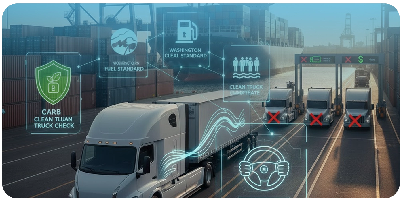 A digital infographic titled "West Coast Regulatory Compliance & Risk" featuring a semi-truck at a port terminal. Overlaid blue icons and text highlight regional regulations: CARB Clean Truck Check, Washington Clean Fuel Standard, and Oregon Clean Fuels Program. The right side shows trucks at a gantry with red "X" symbols, illustrating non-compliance risks.