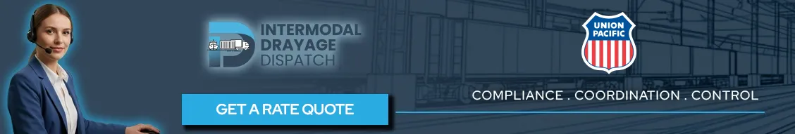 Webpage banner for Intermodal Drayage Dispatch, showing a professional woman agent with a headset and a blue halo effect on the left. The center contains the company's intermodal logo and a prominent blue 'GET A RATE QUOTE' button. To the right is the red, white, and blue Union Pacific shield logo, with the tagline 'COMPLIANCE . COORDINATION . CONTROL' listed below. The background is a dark blueprint design of a railyard, tracks, and a station.