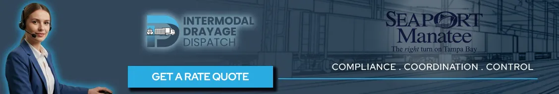 Intermodal drayage dispatch banner for SeaPort Manatee featuring a dispatch professional with a headset, "Get a Rate Quote" call-to-action.