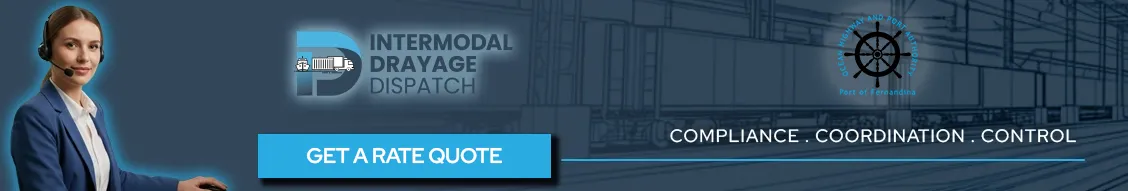 Banner for Port of Fernandina intermodal drayage services, featuring a "Get a Rate Quote" button, Intermodal Drayage Dispatch branding, and a specialized dispatcher professional with a headset.