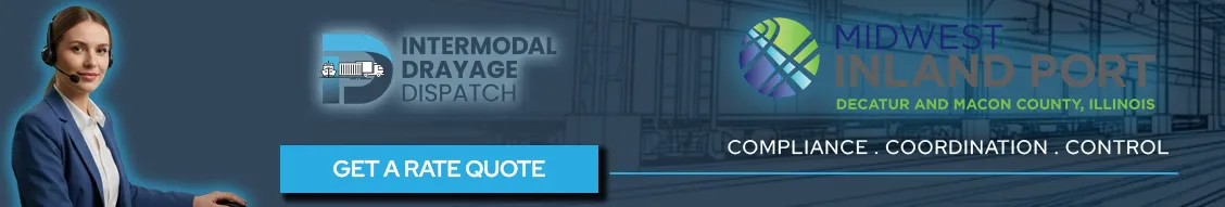 Intermodal drayage dispatch banner for Midwest Inland Port in Decatur, IL, featuring the facility logo and a CTA for rail freight rate quotes.