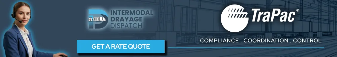 Promotional graphic for TraPac Los Angeles drayage services, displaying the Intermodal Drayage Dispatch logo and a call to action to get a freight rate quote.