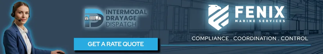 Professional intermodal drayage dispatcher alongside the Fenix Marine Services logo and a "Get a Rate Quote" button, highlighting terminal compliance and coordination at Pier 300.