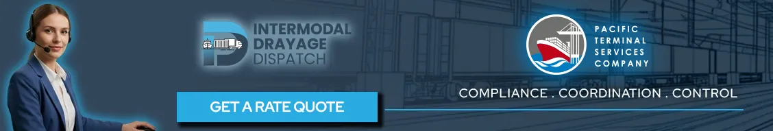 Professional dispatch services banner for Howard Terminal featuring a "Get a Rate Quote" call-to-action and the PTSC logo, emphasizing streamlined Oakland seaport logistics.
