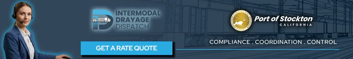 Promotional banner for Intermodal Drayage Dispatch at the Port of Stockton, California. Features a dispatcher with a headset, the official gold Port of Stockton seal, a modern intermodal logistics logo, a blue "GET A RATE QUOTE" button, and text listing key benefits: "COMPLIANCE . COORDINATION . CONTROL". Background is dark blue with blueprint lines.