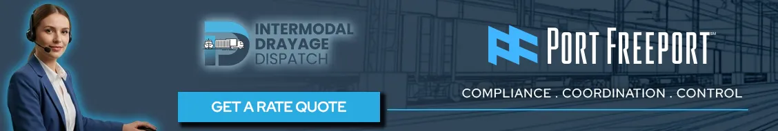 Intermodal Drayage Dispatch marketing banner featuring a logistics coordinator and the Port Freeport logo. A blue "Get a Rate Quote" button is displayed prominently alongside the company tagline: Compliance, Coordination, Control, set against a dark industrial shipping terminal backdrop.