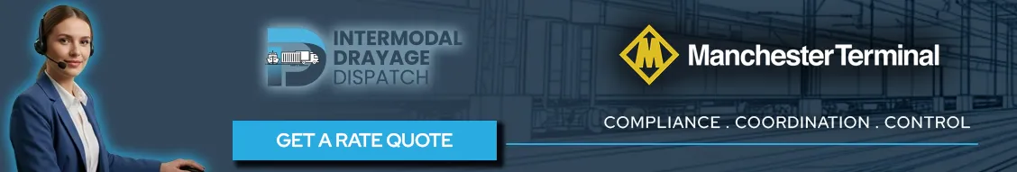 Promotional graphic for Houston Ship Channel drayage services showing the Manchester Terminal branding and an Intermodal Drayage Dispatch representative. The image includes a call-to-action to request shipping rates for project cargo and heavy-lift transport.