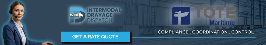 Intermodal Drayage Dispatch banner for TOTE Maritime logistics, featuring a professional dispatcher with a headset and a "Get a Rate Quote" call-to-action button for Puerto Rico shipping.