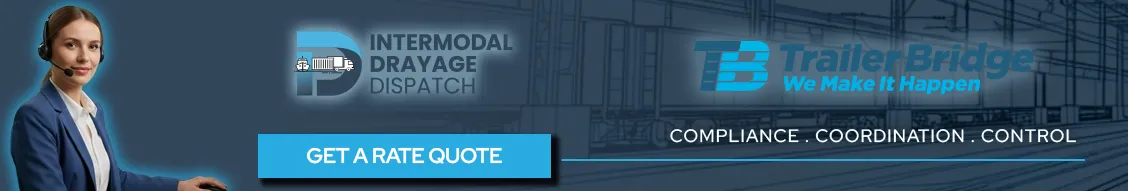 Intermodal Drayage Dispatch banner for Trailer Bridge logistics, featuring a professional dispatcher and a "Get a Rate Quote" call-to-action for Caribbean shipping.