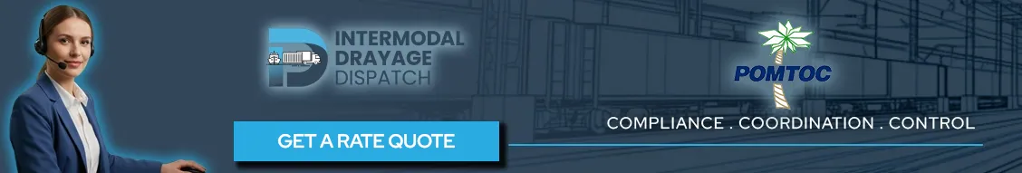 Co-branded logistics banner for POMTOC and Intermodal Drayage Dispatch, highlighting compliance, coordination, and control for truckers navigating the Port of Miami terminal.