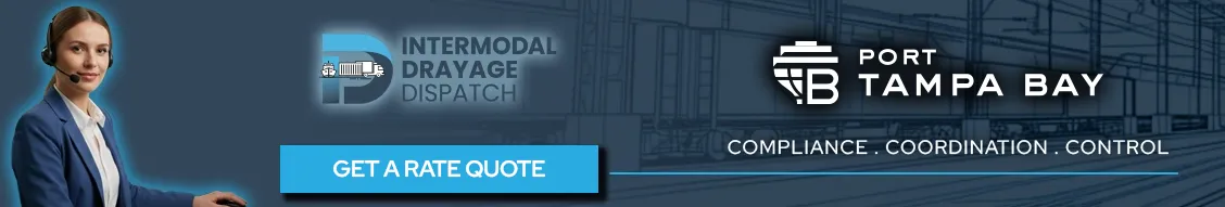 Intermodal Drayage Dispatch banner with Port Tampa Bay logo, a dispatcher representative, and a blue button to request a logistics rate quote.