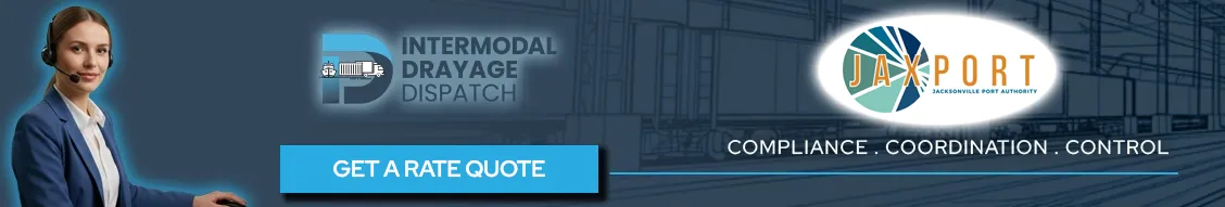 JAXPORT terminal dispatch banner for Intermodal Drayage Dispatch with a "Get a Rate Quote" button and official Jacksonville Port Authority logo.