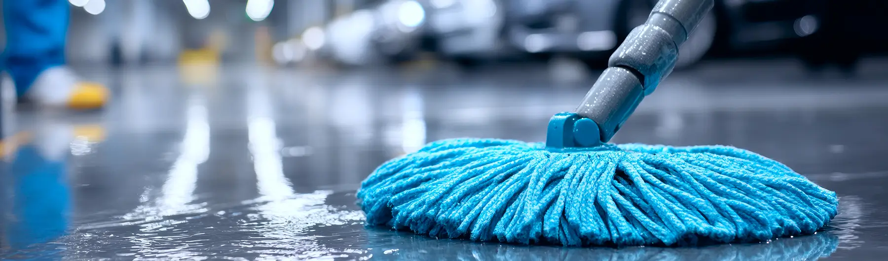 Janitor Using Mop Cleaning Floor Inside Car Parking Maintenance Service Hygiene