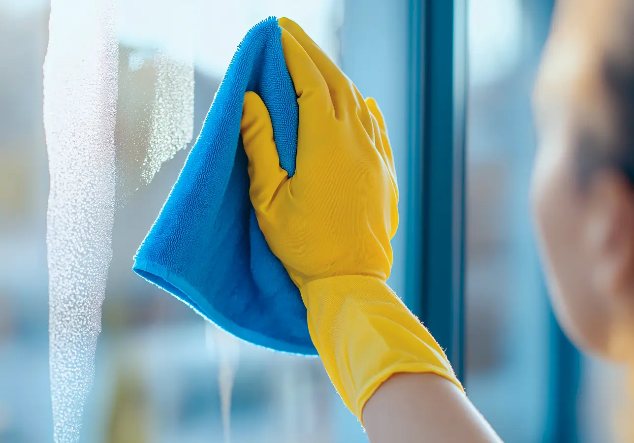 Cleaning Window Glass Blue Microfiber Cloth Yellow Gloves