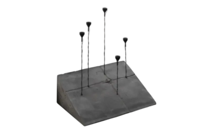 Gray tilted rectangular base with five thin vertical rods of varying heights ending in small funnel-shaped tops.