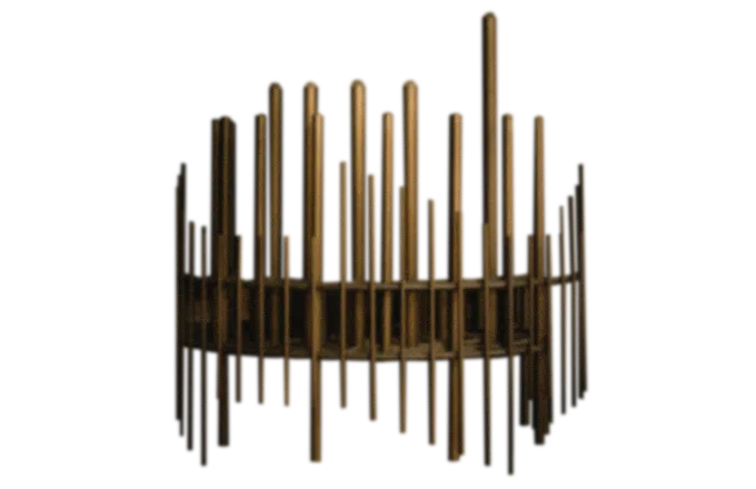 Modern chandelier with vertical cylindrical metal rods arranged in two circular tiers.