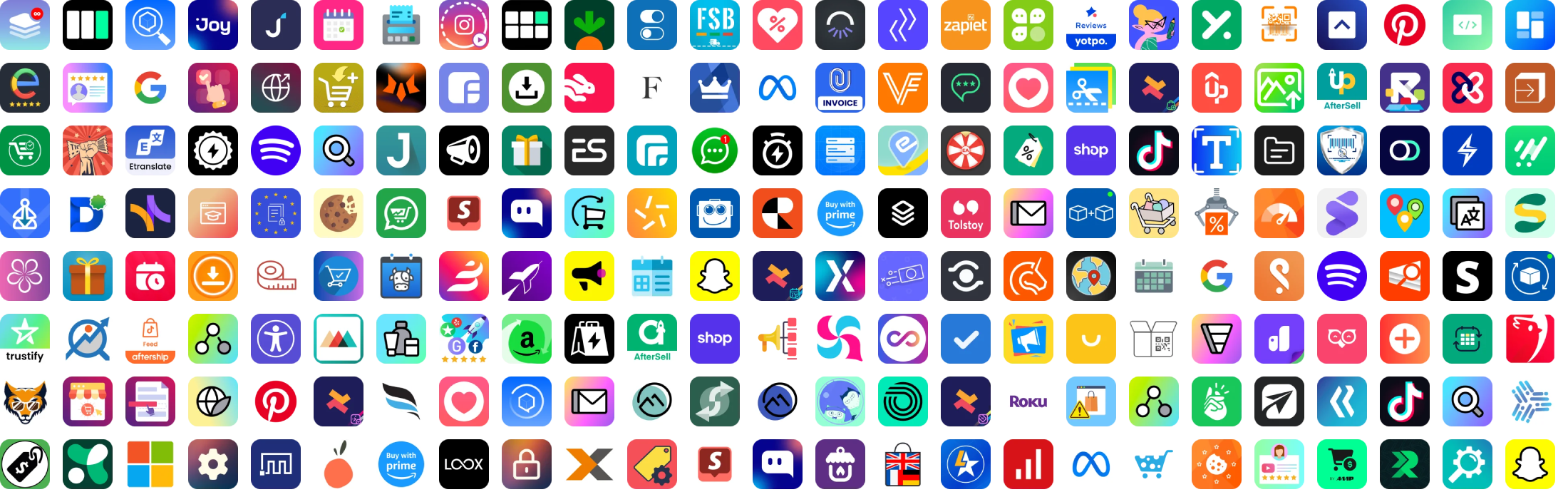 Grid of various colorful app and software integration icons on a black background.