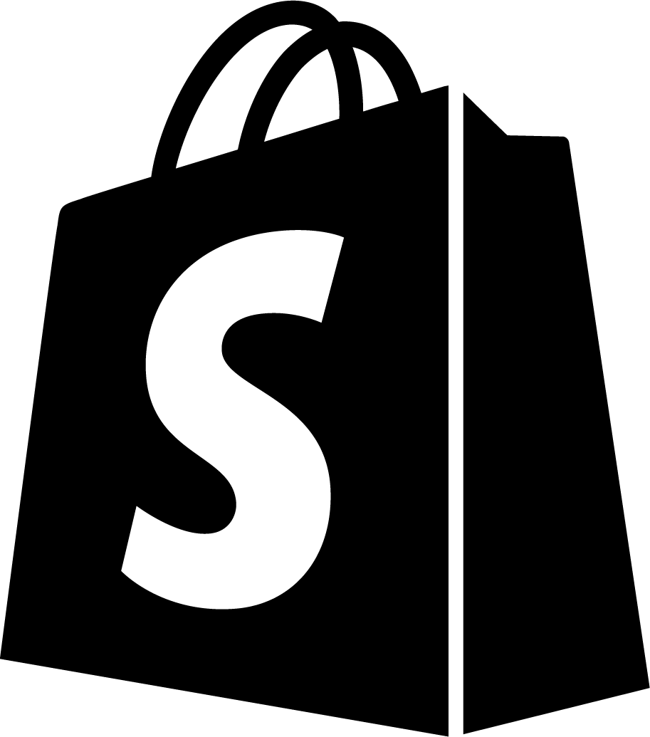 Black shopping bag icon with a white letter S on it, symbolizing Shopify.