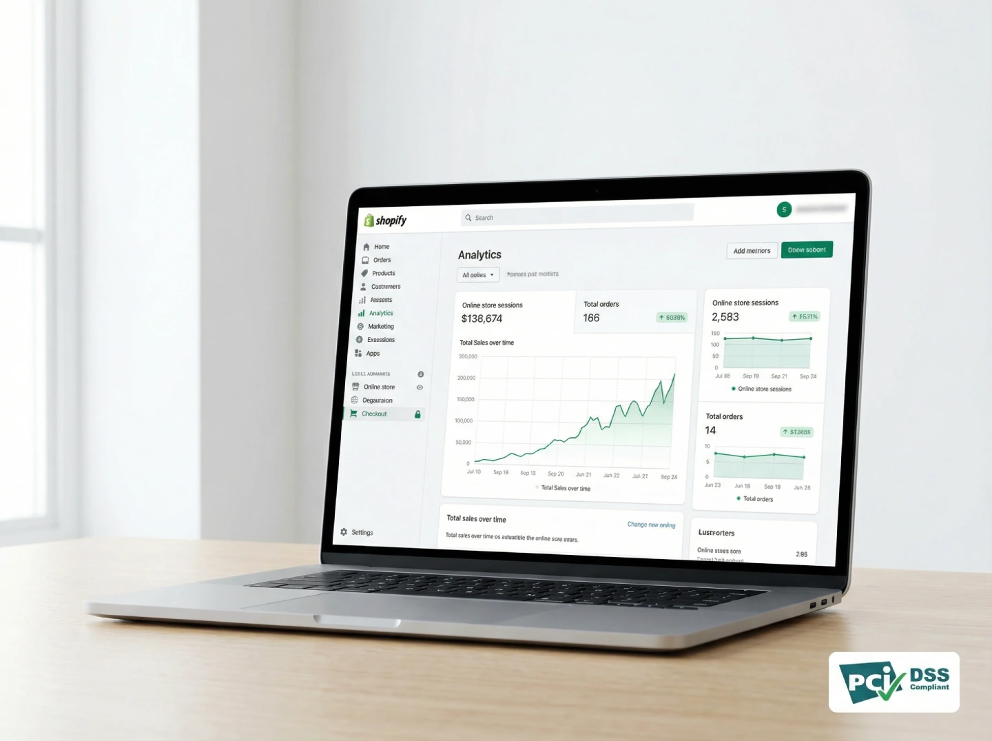 Laptop on a wooden desk displaying Shopify analytics dashboard with sales and order graphs.